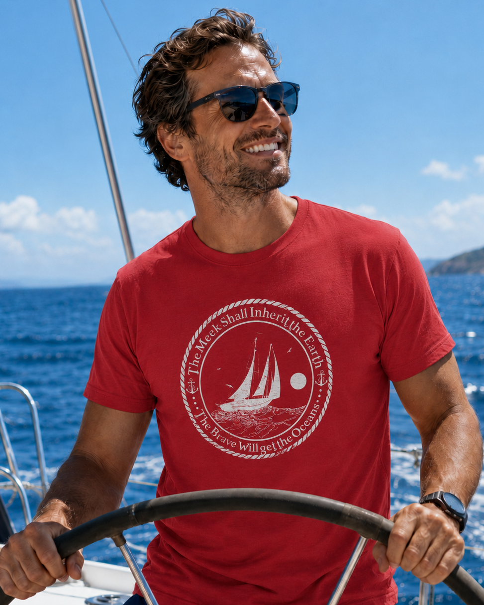 Man on Sailboat with Red t shirt saying the Brave will get the oceans
